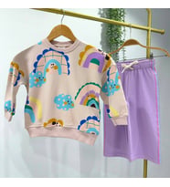 Gökkuşağı ve Bulut Desenli Pudra Sweatshirt - Lila Yan Şeritli Eşofman Altı Alt Üst Takım