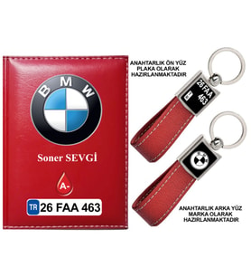Plakanıza Özel BMW Logolu Kırmızı Ruhsat Kabı ve Anahtarlık