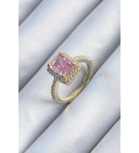 Pirinç Gold Renk Pembe Zirkon Taşlı Kadın Yüzük