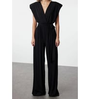 Kadın Moda Standart Kol Geniş Paça Kruvaze Düz Desen Regular V Yaka Kuşaklı Örme Tulum (Siyah)