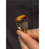 Oval Kaplan Gözü Taşlı 925 Gümüş Erkek Yüzük