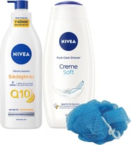 Q10 Sıkılaştırıcı Vücut Losyonu 400Ml Creme Kremsi Dokunuş Duş Jeli 500Ml, Banyo Lifi Hediye