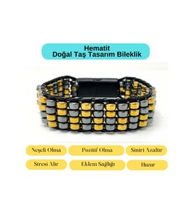 Sertifikalı Hematit Doğal Taş Tasarım Erkek Bileklik Gold ve Siyah Renk 2li Dizim