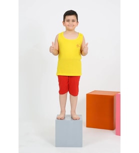 pilelistore- Erkek Çocuk Sıfır Kol Şortlu Sarı Penye Pijama Takımı