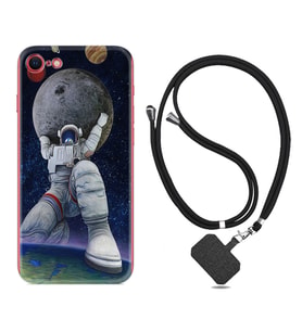Apple iPhone 5 6 7 8 Plus Se XR Kılıf Boyun Askılı Silikon Astronot ve Dünya 1759
