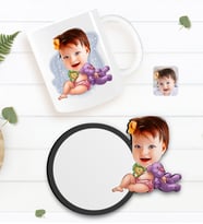 BK Gift Kişiye Özel Bebek Karikatürlü Beyaz Kupa ve Ahşap Bardak Altlığı Hediye Seti-2