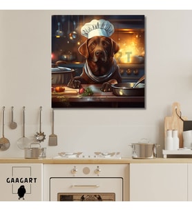 Kare Kanvas Mutfak Tablosu Aşçı Hayvanlar Kahverengi Labrador