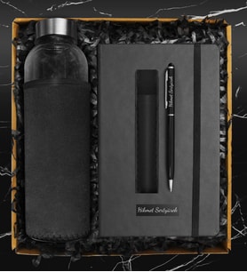 Özel Kılıflı Cam Şişe Matara & Kişiye Özel Defter & Kişiye Özel Deri Kılıflı Touch Pen Kalem Hediye Seti