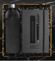 Özel Kılıflı Cam Şişe Matara & Kişiye Özel Defter & Kişiye Özel Deri Kılıflı Touch Pen Kalem Hediye Seti