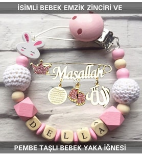 İsimli Bebek Emzik Zinciri ve Pembe Taşlı Bebek Yaka İğnesi
