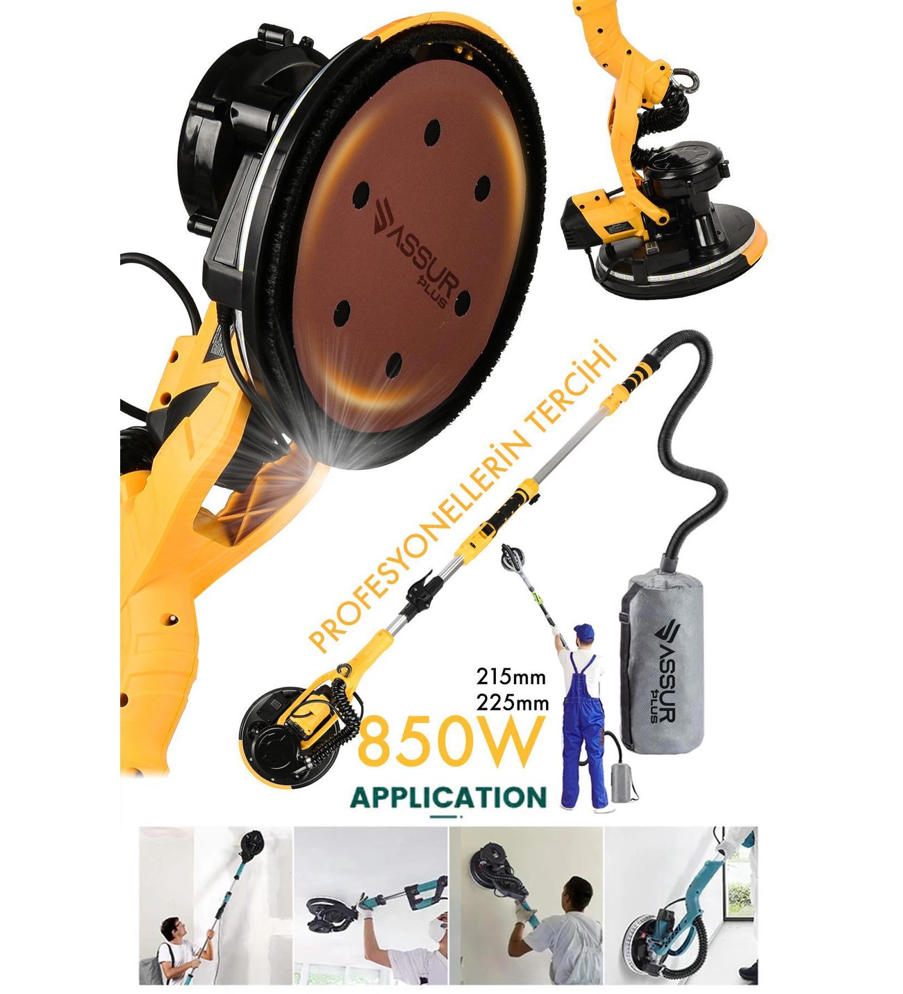 360'Ledli 850W Pro Alçıpan Duvar Zımpara Makinası Toz Emmeli Sarı