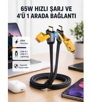 USB-C USB-A 4’ü 1 Arada Örgülü Kablo 65W Hızlı Şarj Metal Uç Dayanıklı