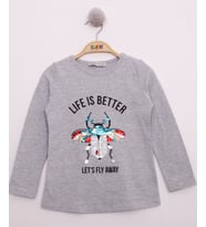 Toontoy Kız Çocuk Pullu Uğur Böceği Nakışlı T-Shirt ( Gri-Melanj)