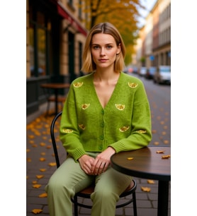 Kadın Oversize Crop V Yaka Düşük Kol Nakışlı Triko Hırka Portakal Dilimi Desenli Yumuşak Dokulu
