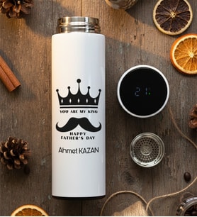 Kişiye Özel You Are My King Filtreli Dijital Göstergeli Termos Babalar Günü Hediyesi (Beyaz)