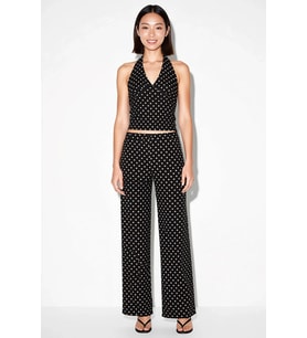 Kadın Kolsuz V Yaka Puantiyeli Crop Top Geniş Paça Takım Rahat Kesim Bubble Dokuma Günlük Modern