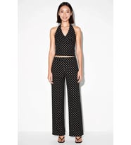 Kadın Kolsuz V Yaka Puantiyeli Crop Top Geniş Paça Takım Rahat Kesim Bubble Dokuma Günlük Modern