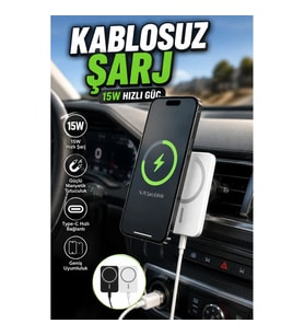 Araç İçi Manyetik Kablosuz Şarj Aleti 15W Çift Kablolu 360° Dönebilir Havalandırma Klipsli