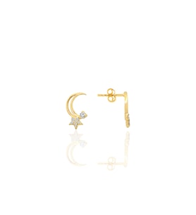 Gümüş altın yaldızlı zirkon taşlı hilal yıldızı kadın küpe SGTL12656GOLD