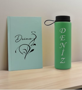 BK Gift Kişiye Özel İsimli Su Yeşili Defter ve Yeşil Cam Matara Hediye Seti-6, Sevgiliye Hediye, Arkadaşa Hediye, Yeni İş Hediyesi