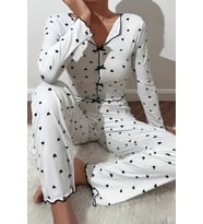 Merry See Kalp Baskılı Uzun Kollu Pijama Takımı (Beyaz)