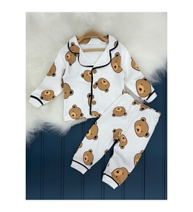 VaVbaby %100 Pamuk Kruvaze Yaka Önden Düğmeli Ayıcıklı Mevsimlik Bebek Pijama Takım (Ay)