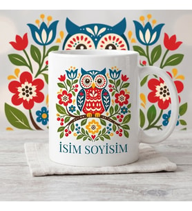 Kişiye Özel İsimli Etnik Desenli Renkli Baykuş Tasarımlı Seramik Kupa Bardak