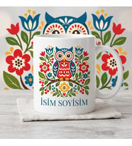 Kişiye Özel İsimli Etnik Desenli Renkli Baykuş Tasarımlı Seramik Kupa Bardak