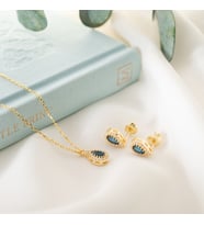 925 Ayar Gümüş Eylül Ayı Damla Taşlı Kolye+Küpe Seti (Sarı)