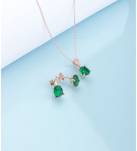 925 Ayar Gümüş Zümrüt Taşlı Oval Kolye Küpe Set