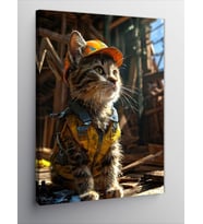 Kanvas Tablo Sarı Baret Takan Yorgun İnşaatçı Kedi