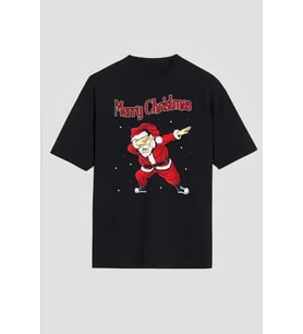 Yılbaşı Merry Christmas Noel Baba Baskılı Oversize Bisiklet Yaka T-shirt - Siyah