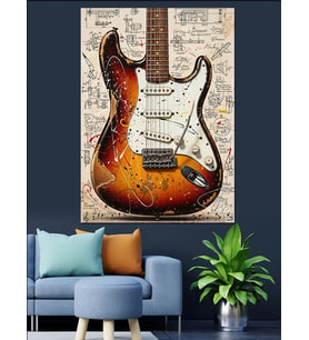 Eskimiş Rock Gitarı Eskiz Fonlu Dekoratif Kanvas - Mdf Ahşap Tablo