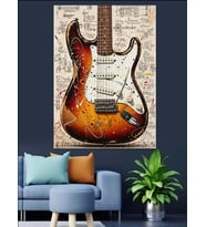 Eskimiş Rock Gitarı Eskiz Fonlu Dekoratif Kanvas - Mdf Ahşap Tablo