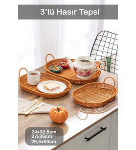 Oval 3'lü Dekoratif Hasır Sepet ve Tepsi Seti, şık ve fonksiyonel