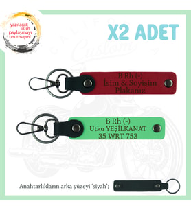 Biker Stiline Özel, İsim Plaka ve B- Kan Grubu Yazılı Anlamlı Motor x2 Anahtarlık, Kırmızı-Mavi-Syh