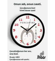 İsme Özel Sevimli Kirpi Çocuk Odası Duvar Saati Orta Boy 30 cm Siyah Camlı Sessiz