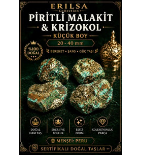 Sertifikalı Piritli Malakit Krizokol Doğal Taş Kütle 20-40 mm - Küçük Boy Ham Koleksiyonluk Parça