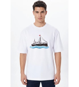 Bandırma Vapuru Baskılı Beyaz Bisiklet Yaka Tişört - %100 Pamuk Unisex