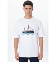 Bandırma Vapuru Baskılı Beyaz Bisiklet Yaka Tişört - %100 Pamuk Unisex