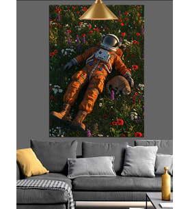 Çimlerde Yatan Astronot Dekoratif Kanvas - Mdf Ahşap Tablo