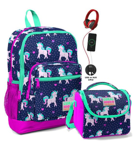 Coral High İlkokul Çanta Seti - USB ve AUX Çıkışlı Kız Çocuk Pembe Mavi Unicorn