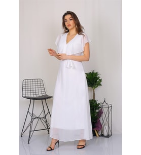Neşeli Butik Kadın Kruvaze Yaka Bağlama Detaylı Yeni Sezon Uzun Şifon Elbise KTS001 (Beyaz)
