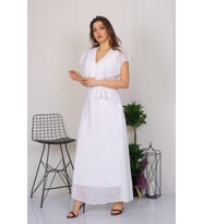 Neşeli Butik Kadın Kruvaze Yaka Bağlama Detaylı Yeni Sezon Uzun Şifon Elbise KTS001 (Beyaz)