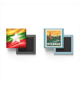 Buzdolap Magnetleri - Myanmar Bayrağı ve Naypyidaw Posta Pulu Tema - 2'li Set Magneti