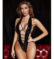 Intive Siyah Parlak Lateks Kumaştan Şeritli Tasarım String Babydoll