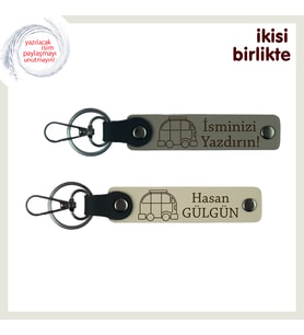 Karavanda Tanışanlara Özel Hediyelik, Kişisel Anahtarlık 2’li Set, İsim Yazılı, Kül Gri-Sütlü Kahve