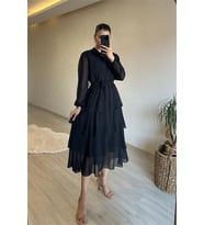 Neşeli butik kadın kat kat volanlı kuşaklı midi şifon elbise NM004 (Siyah)