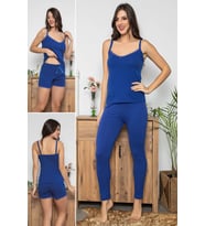 Kadın Saks Renkli Dantel Detaylı Şortlu Ve Taytlı Pijama Takımı 3'lü Set 75006