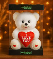 Oyuncak Ayıcı Özel Premium Kutu Içerisinde Sevgiliye Özel Kalpli (I LOVE YOU) Yazılı Sevimli Peluş Ayıcık (Beyaz)